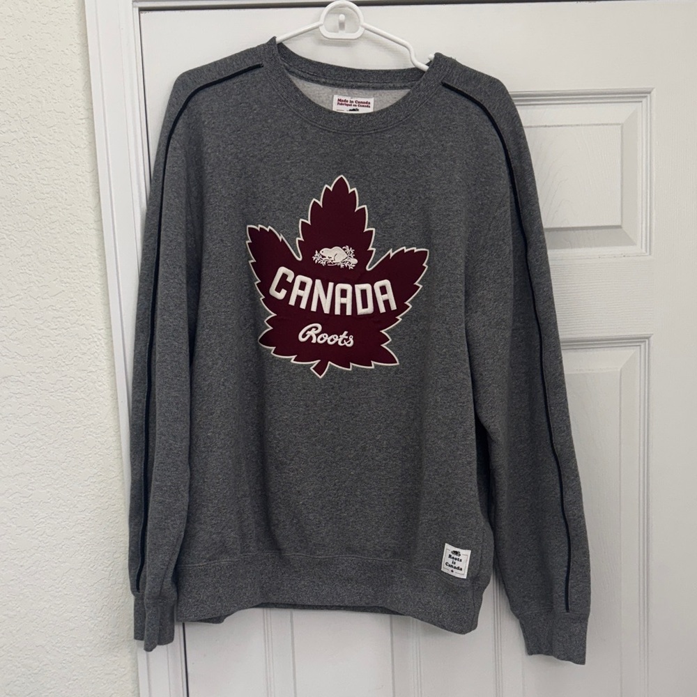Roots Charcoal Sweatshirt with Burgundy Maple Leaf